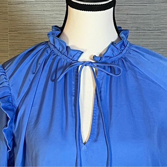 MANGO Blue Solid Tie-Up Neck Ruffles Detail Satin Blouson Top Women’s Size 10 - Picture 3 of 11